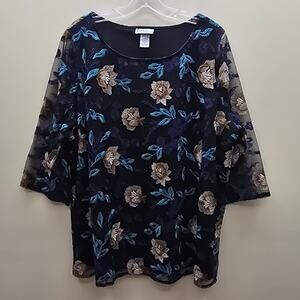 Catherines Embroidered Lace Floral Shirt Blouse Sheer Sleeves Top Black Blue 1X